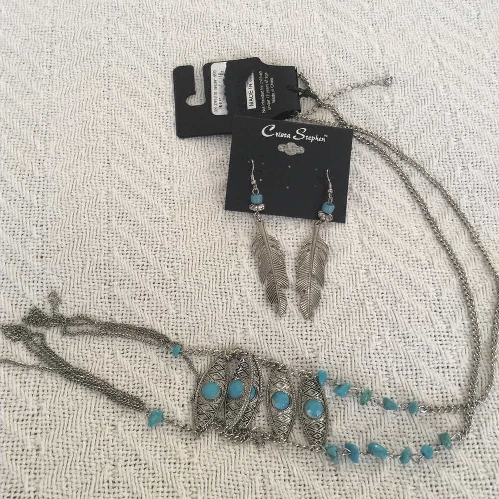 NWT Ladies SS necklace & earringswith blue stones